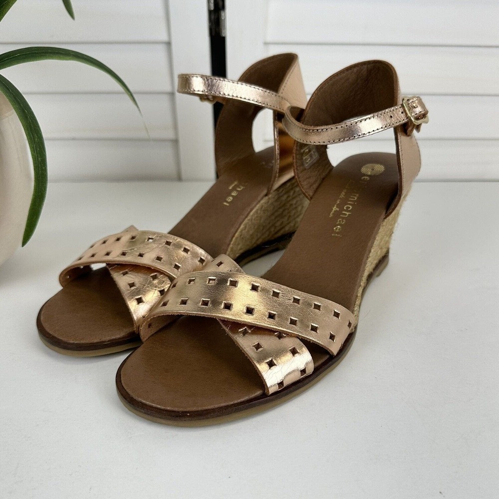 Eric Michael Rose Gold Metallic Espadrille Wedge Sandals Spain Shoes EU 39 US 9